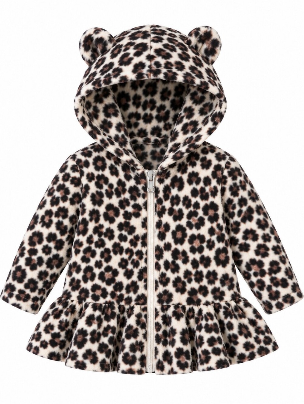 The Children's Place Girls 12-18M Leopard Fleece Hooded Jacket Bear Ears Peplum